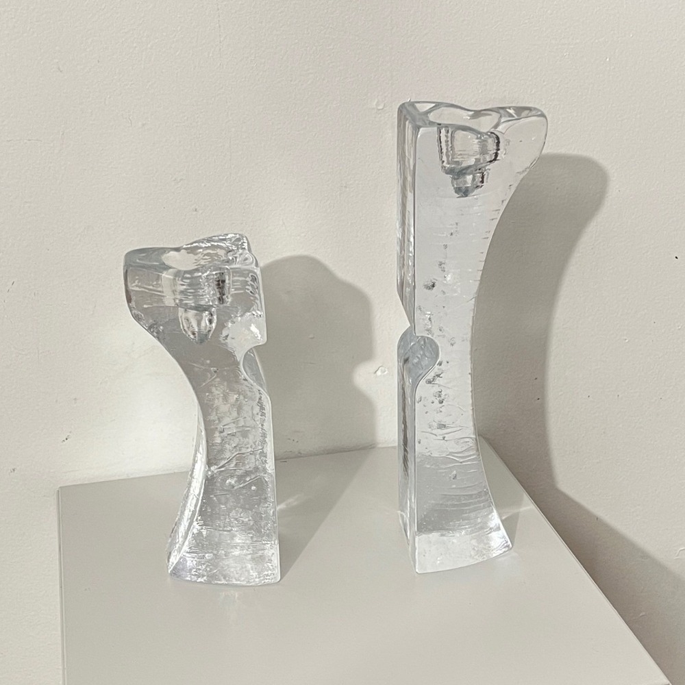 Kosta Boda Candle Holders  Clear Pippi Ice Glass Vicke Lindstrand Set 2